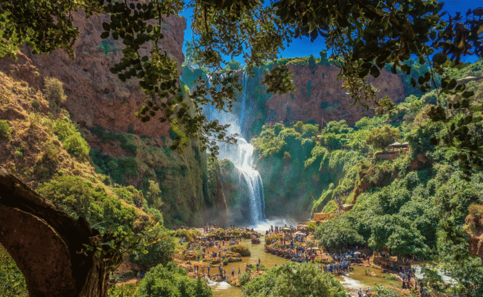 A two-day transfer from Fes to Marrakech that is worth taking for its own sake. The route runs through Ifrane and the Azrou cedar forest, over the Middle Atlas to Beni Mellal, with a night at the Ouzoud waterfalls, the tallest in North Africa, before arriving in Marrakech the next afternoon.