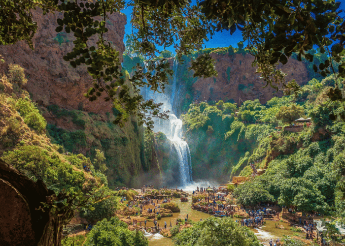 A two-day transfer from Fes to Marrakech that is worth taking for its own sake. The route runs through Ifrane and the Azrou cedar forest, over the Middle Atlas to Beni Mellal, with a night at the Ouzoud waterfalls, the tallest in North Africa, before arriving in Marrakech the next afternoon.